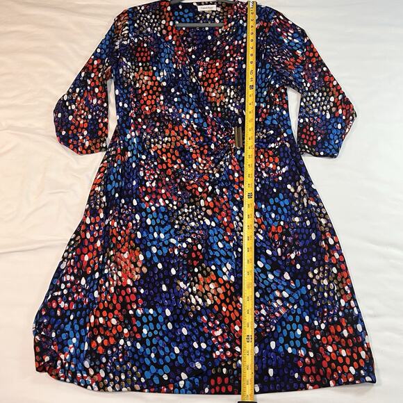 Calvin Klein Faux Wrap Dress Plus Size 18W Blue Colorful Dot Print Ruched Jersey - Picture 6 of 15